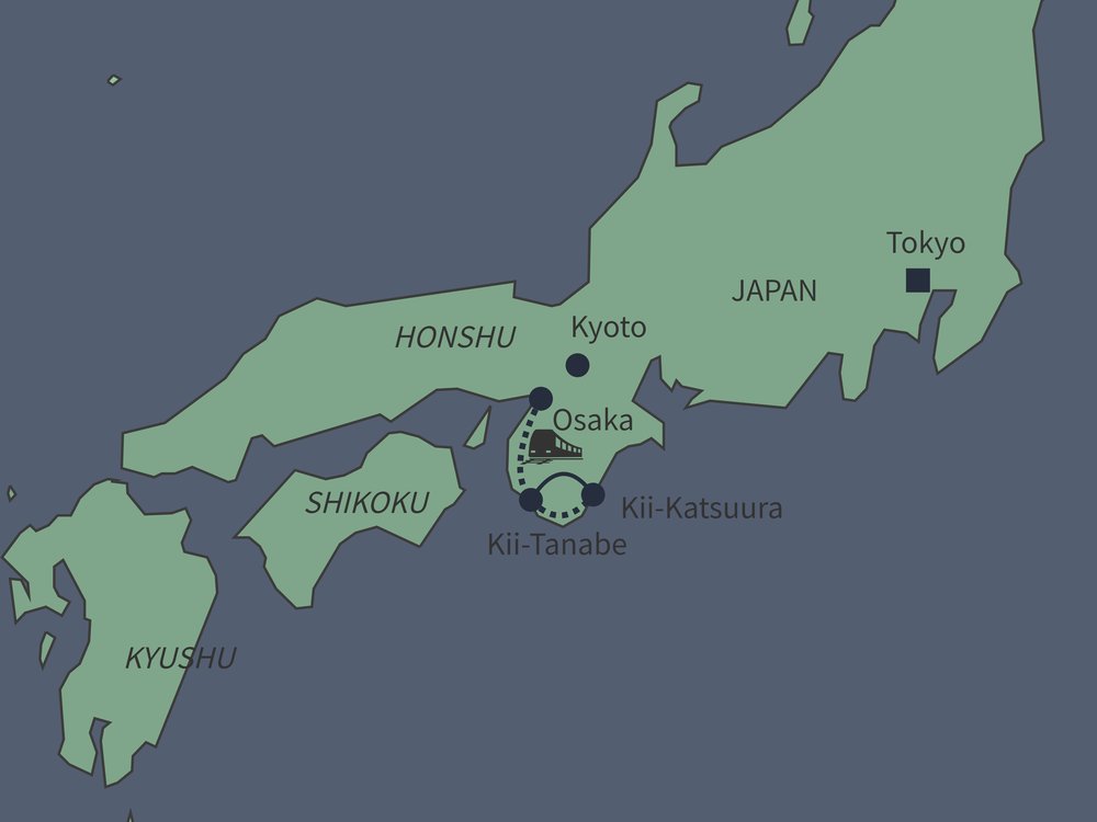 Routekaart van Bewandel de Kumano Kodo pelgrimsroute
