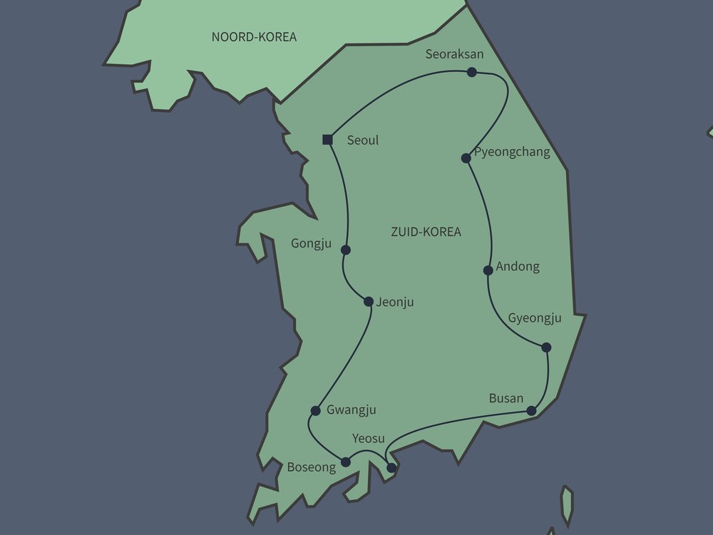 Routekaart van Zuid-Korea in vogelvlucht