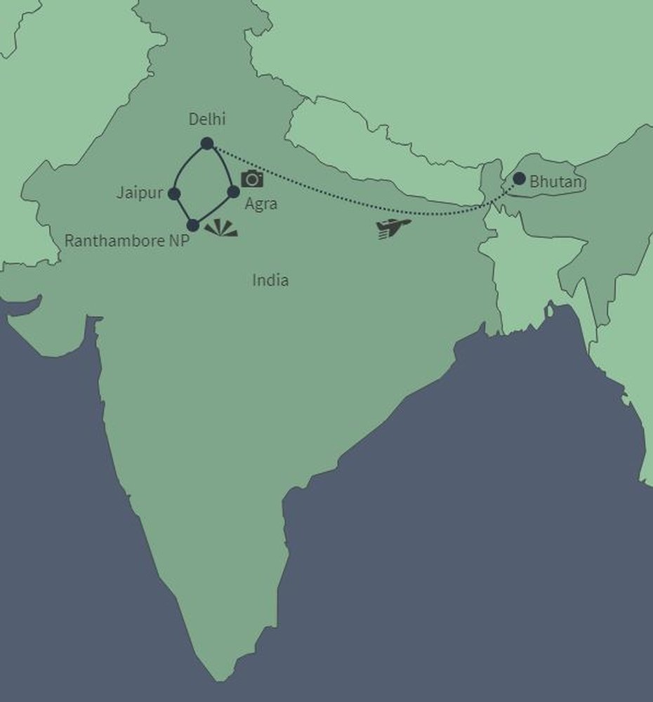 Routekaart van India en Bhutan