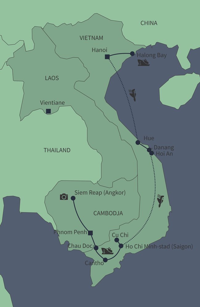 Routekaart van Hoogtepunten van Vietnam en Cambodja