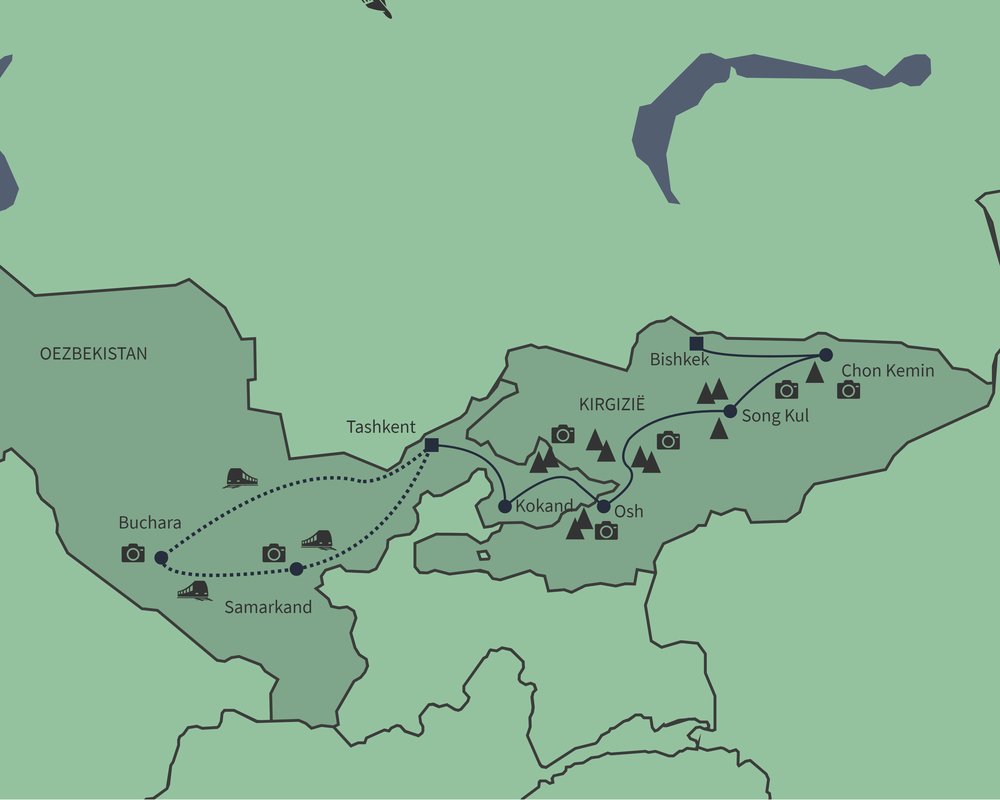 Routekaart van Kirgizië en Oezbekistan