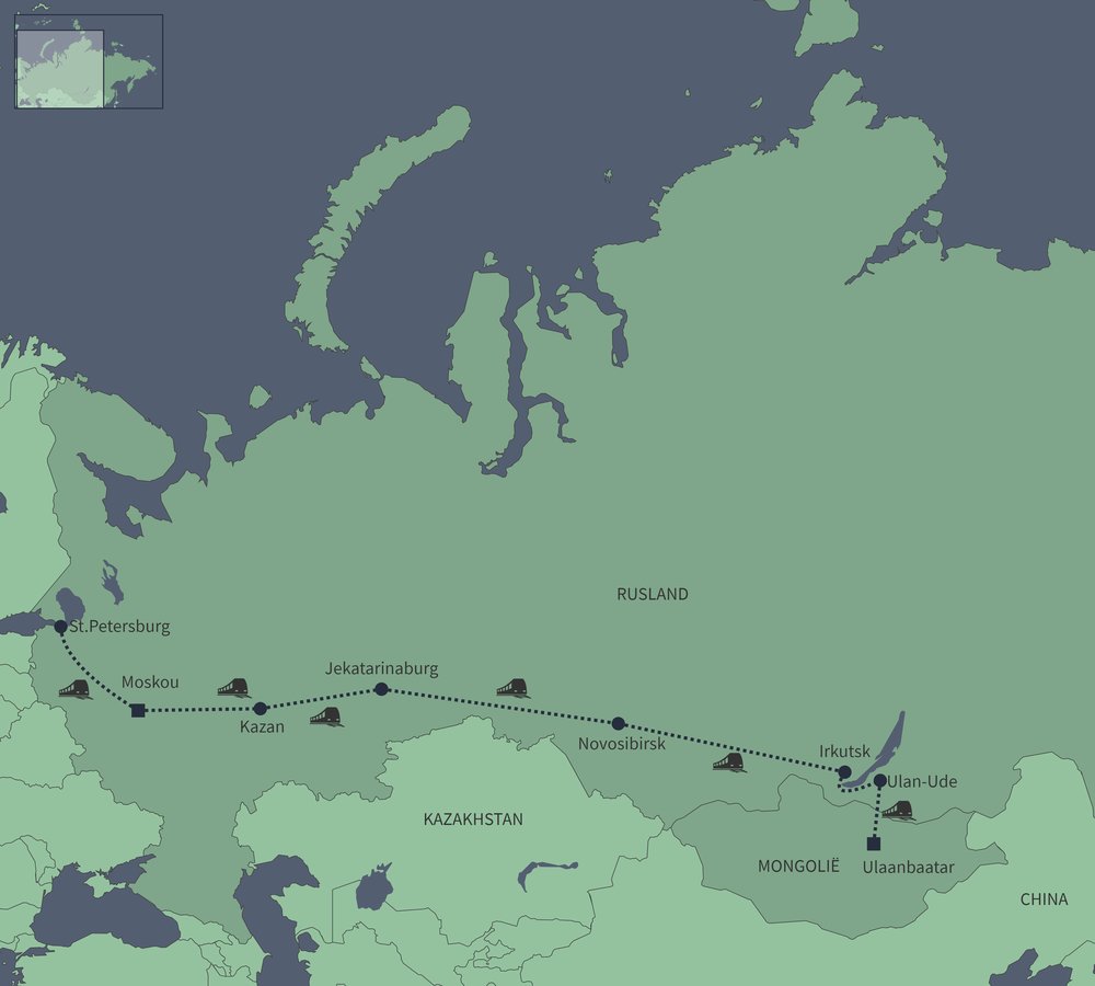 Routekaart van Tsarengoud Express St.Petersburg - Ulaanbaatar