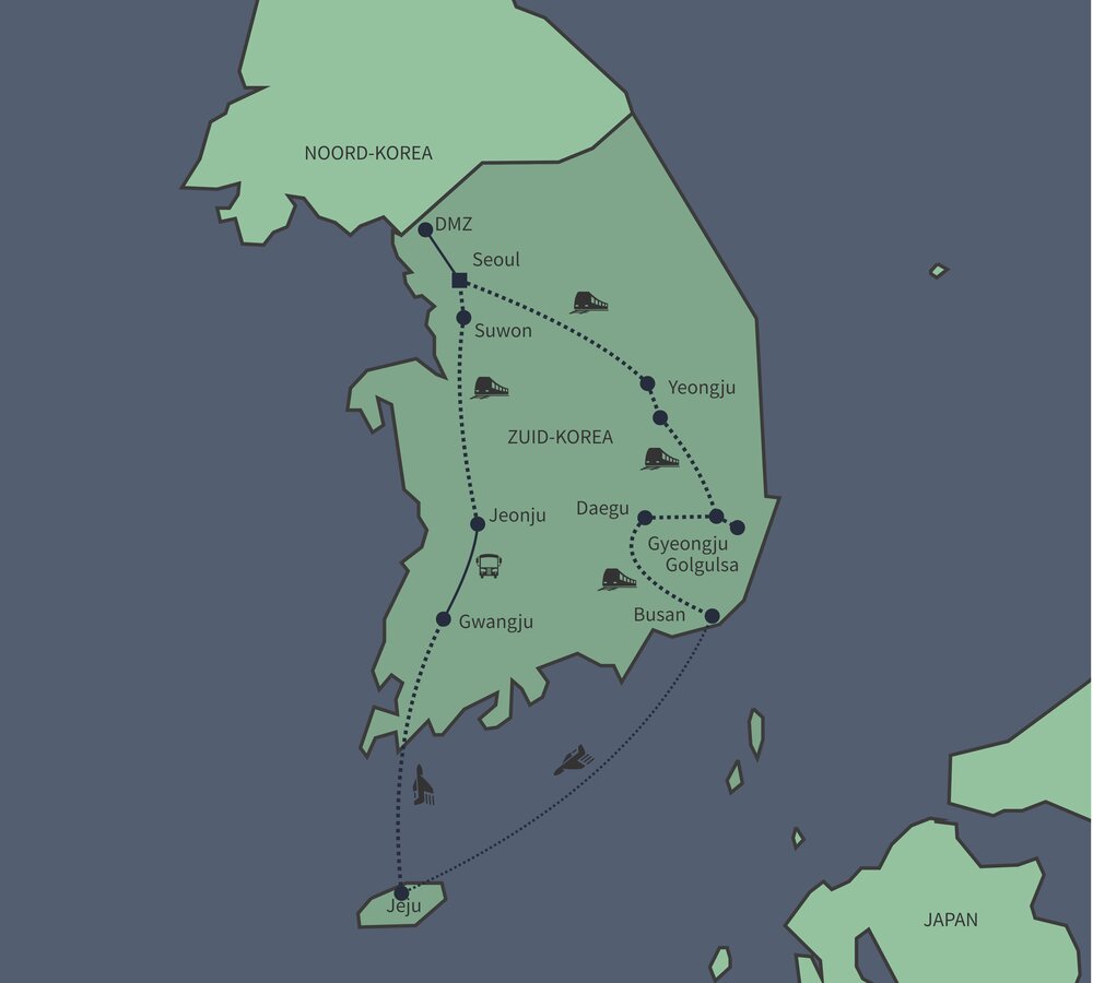 Routekaart van Dwars door Zuid-Korea met het openbaar vervoer
