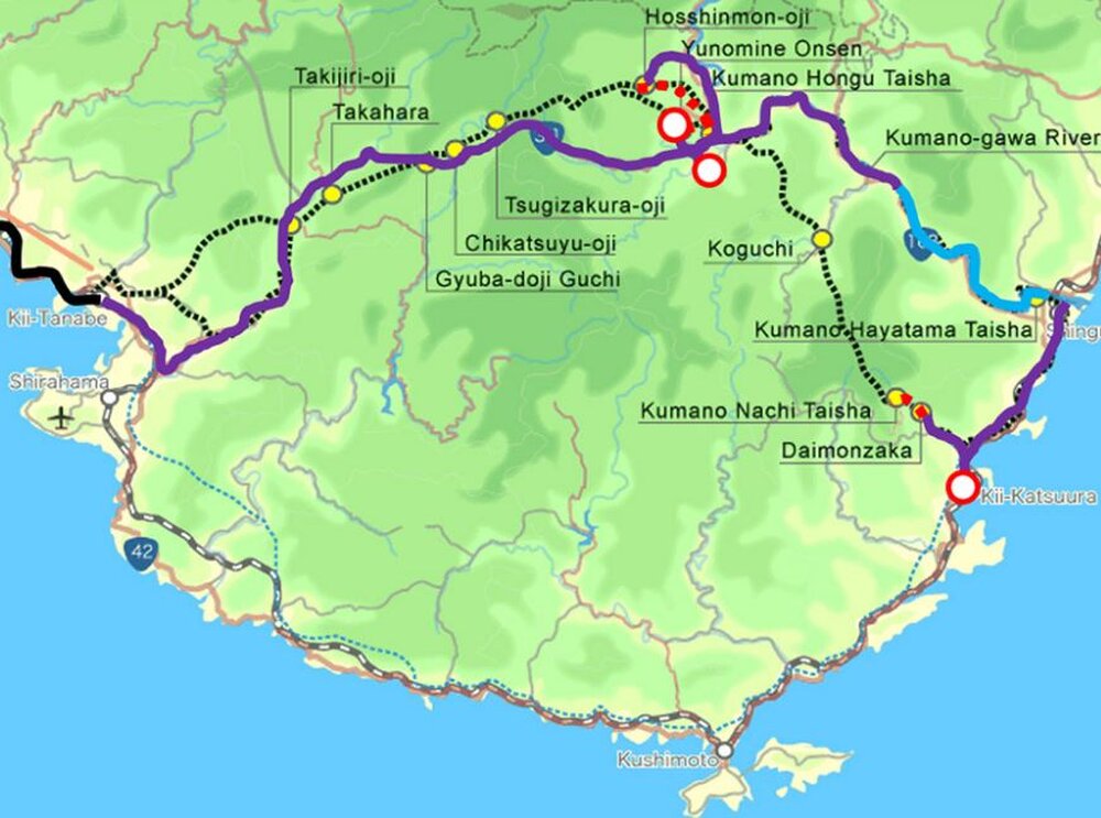 Routekaart van Wandelen en varen langs de Kumano Kodo pelgrimsroute