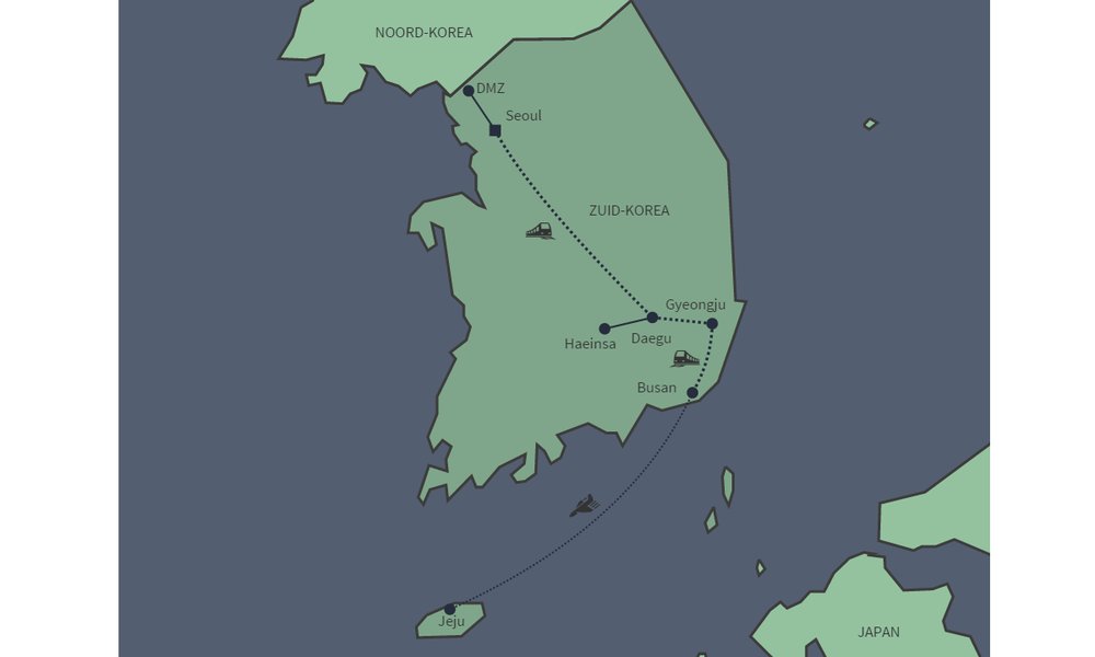 Routekaart van Veelzijdig Zuid-Korea per trein
