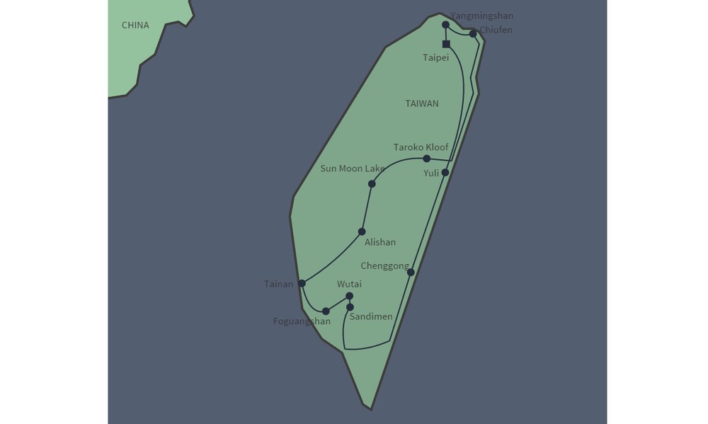 Routekaart van Rondreis hoogtepunten Taiwan per huurauto