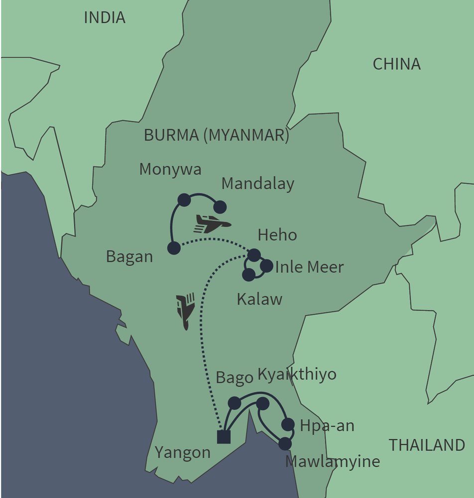 Routekaart van Bekend en onbekend Myanmar