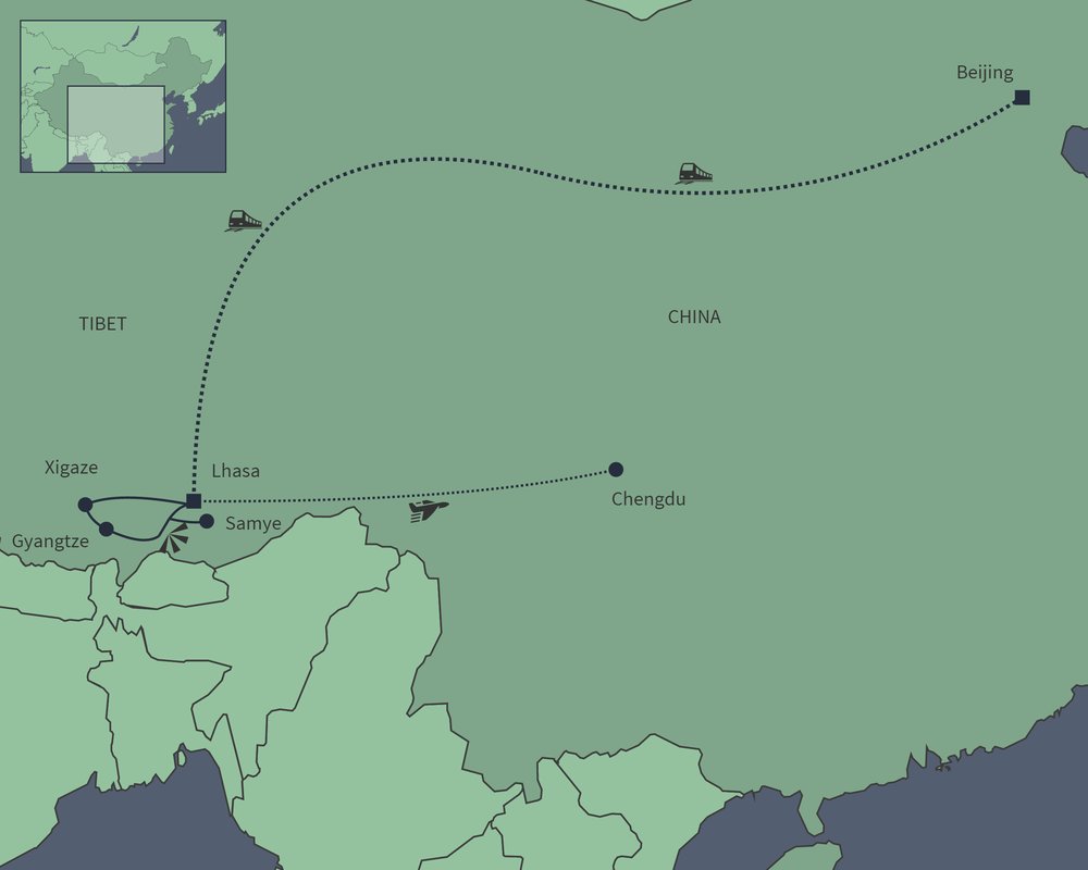 Routekaart van China en Tibet in vogelvlucht