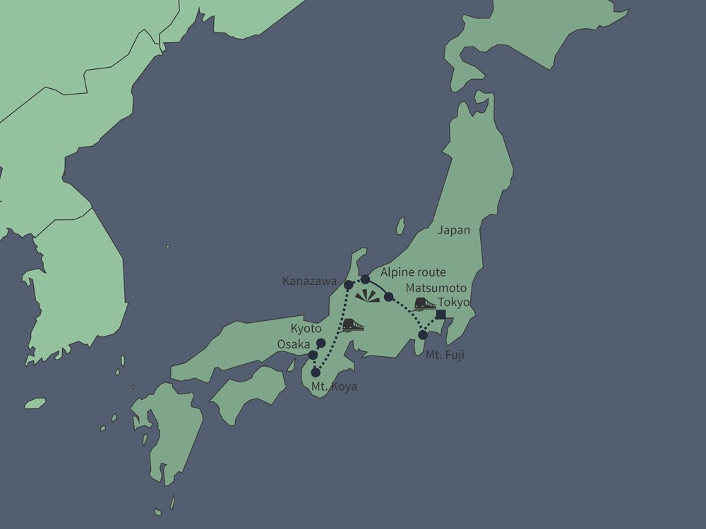 Routekaart van Herfstkleuren in Japan